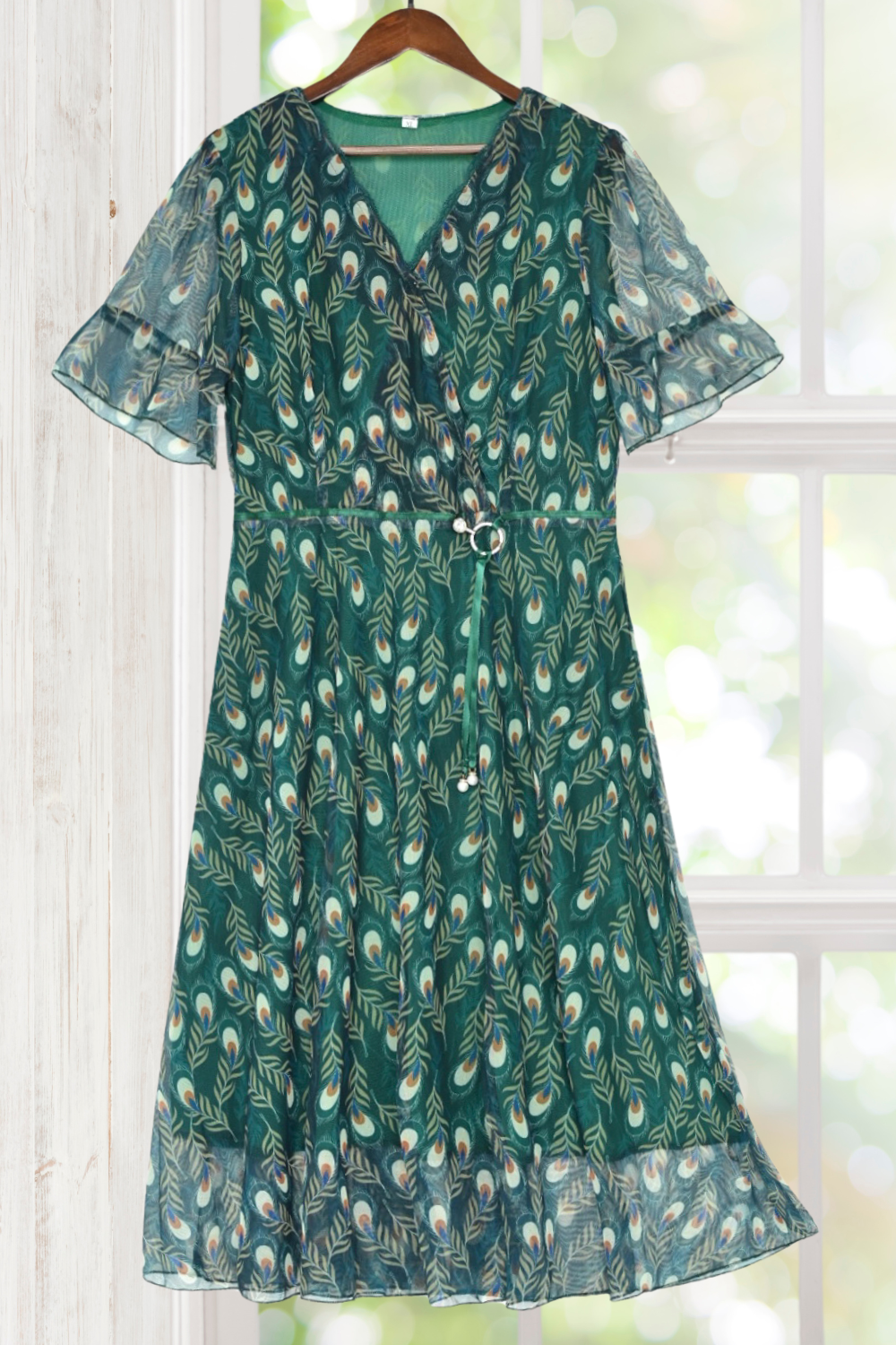 Frances Peacock Feather Print Dress with Belt
